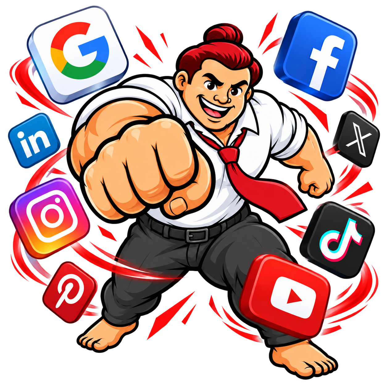 The SumoSocials mascot punching forward as social platform icons swirl around him